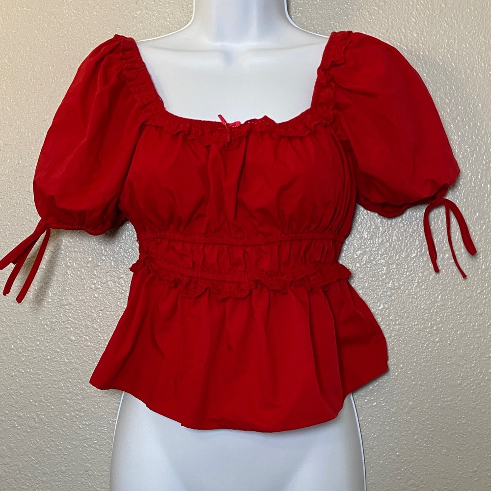 Red Milkmaid Blouse Medium Cottagecore Romantic Feminine Renaissance Faire Bow